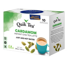 QuikTea Cardamom Instant Chai Latte sachet close-up, fragrant spices ready to brew