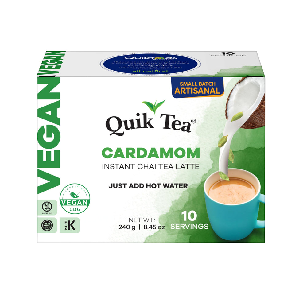 QuikTea instant vegan cardamom chai latte packaging for quick, cozy mornings.