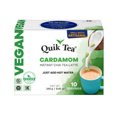 QuikTea instant vegan cardamom chai latte packaging for quick, cozy mornings.