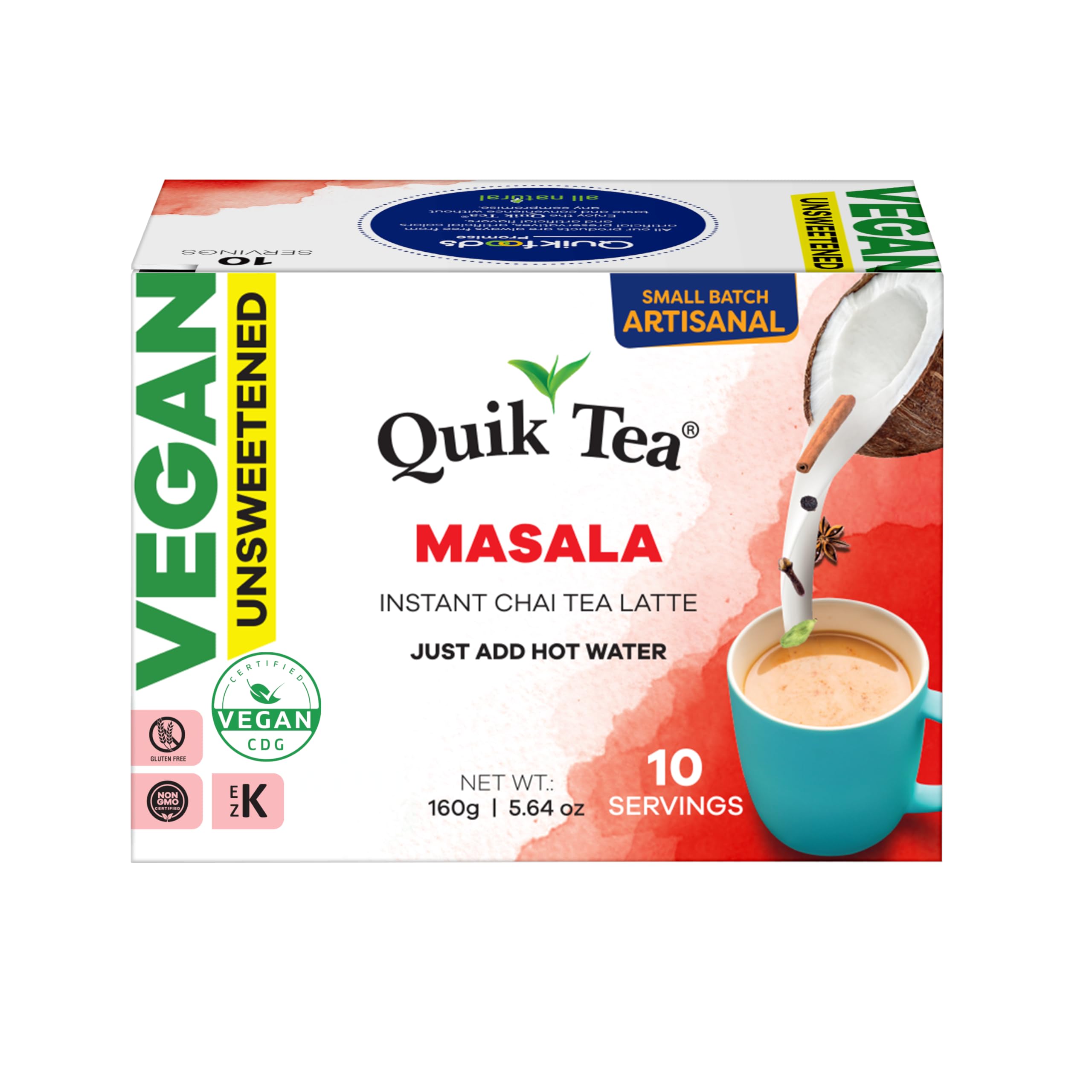 QuikTea Masala Chai packet highlighting authentic spices for a cozy cup.