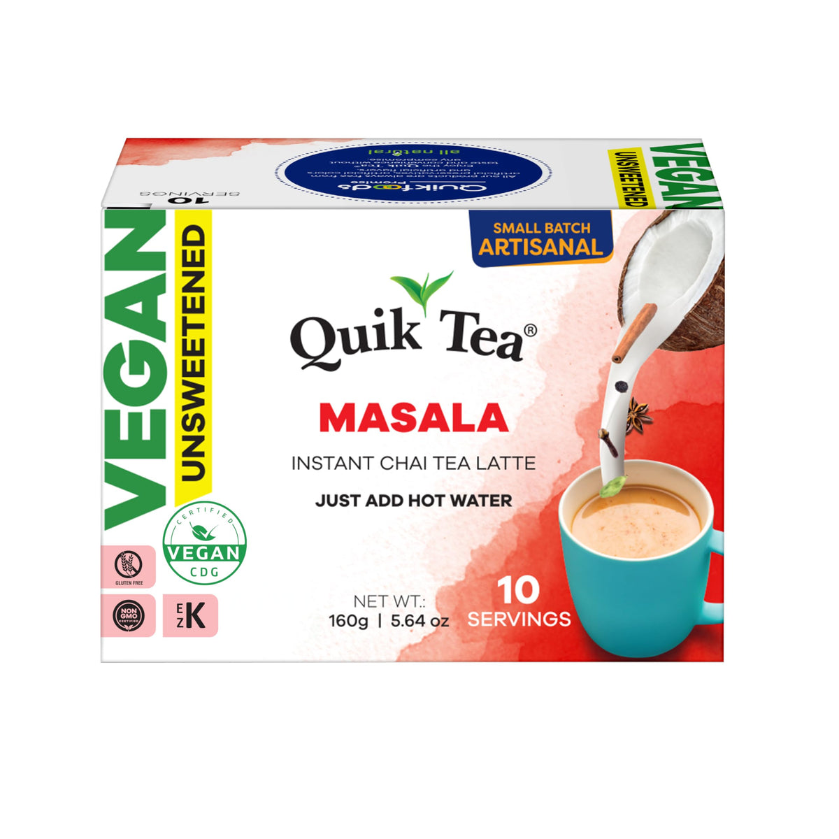QuikTea Masala Chai packet highlighting authentic spices for a cozy cup.