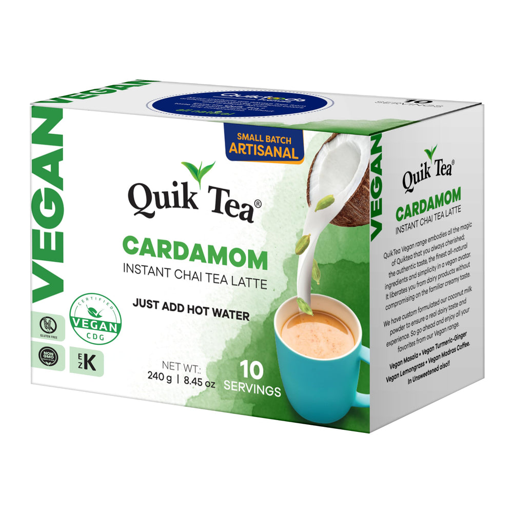 QuikTea cup with steaming chai highlights comforting cardamom aroma and convenience.