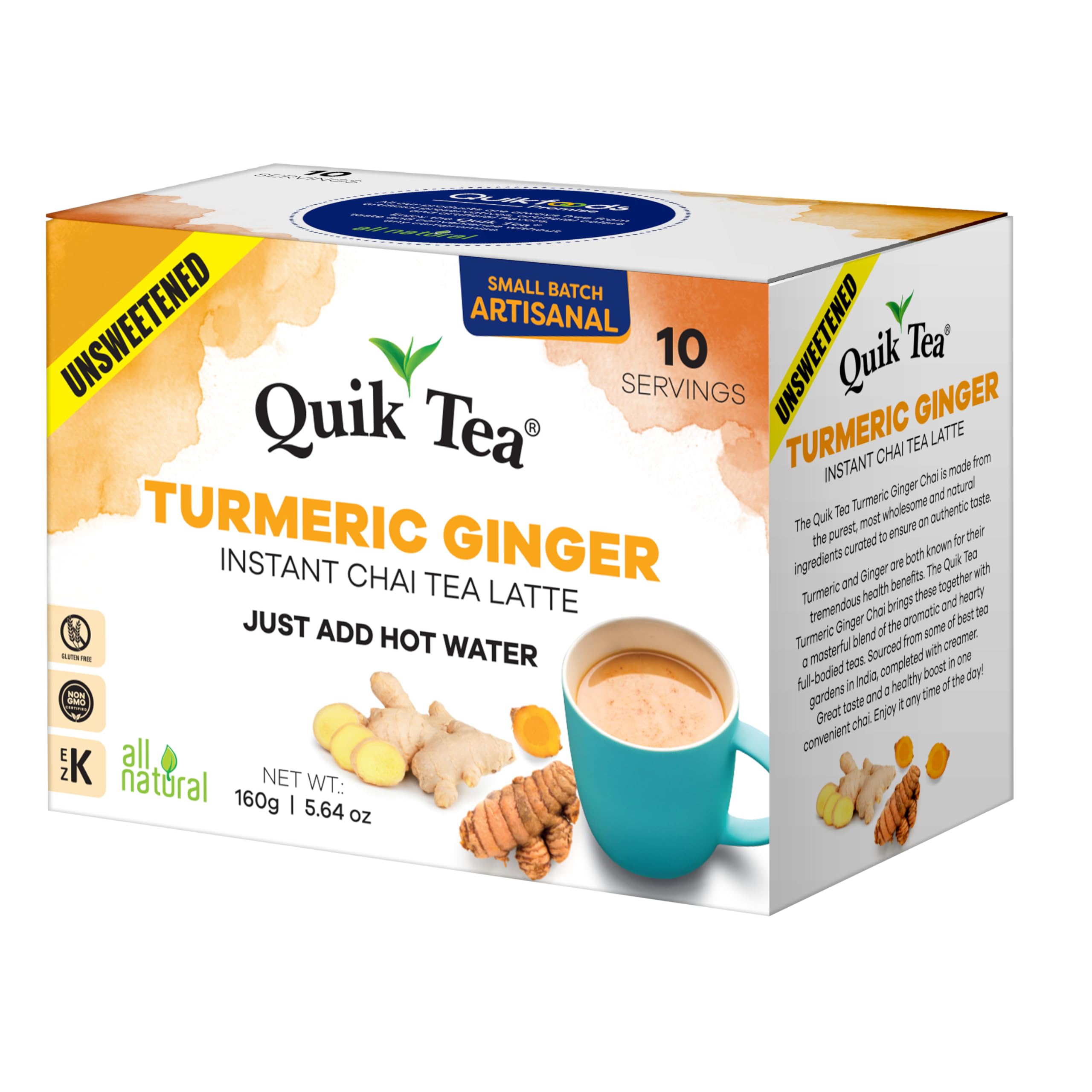 QuikTea Turmeric Ginger chai latte mug with steam signaling comforting ritual.