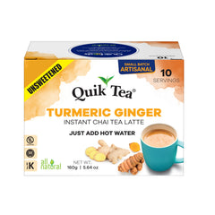 QuikTea Turmeric Ginger Unsweetened Chai Tea Latte packaging emphasizing no sugar added.