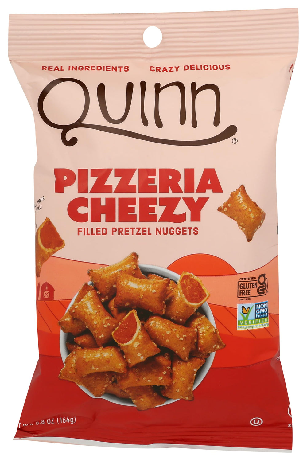 Quinn cheesy filled pretzel nuggets front pack, convenient plant-based snack.