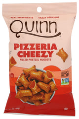 Quinn cheesy filled pretzel nuggets front pack, convenient plant-based snack.