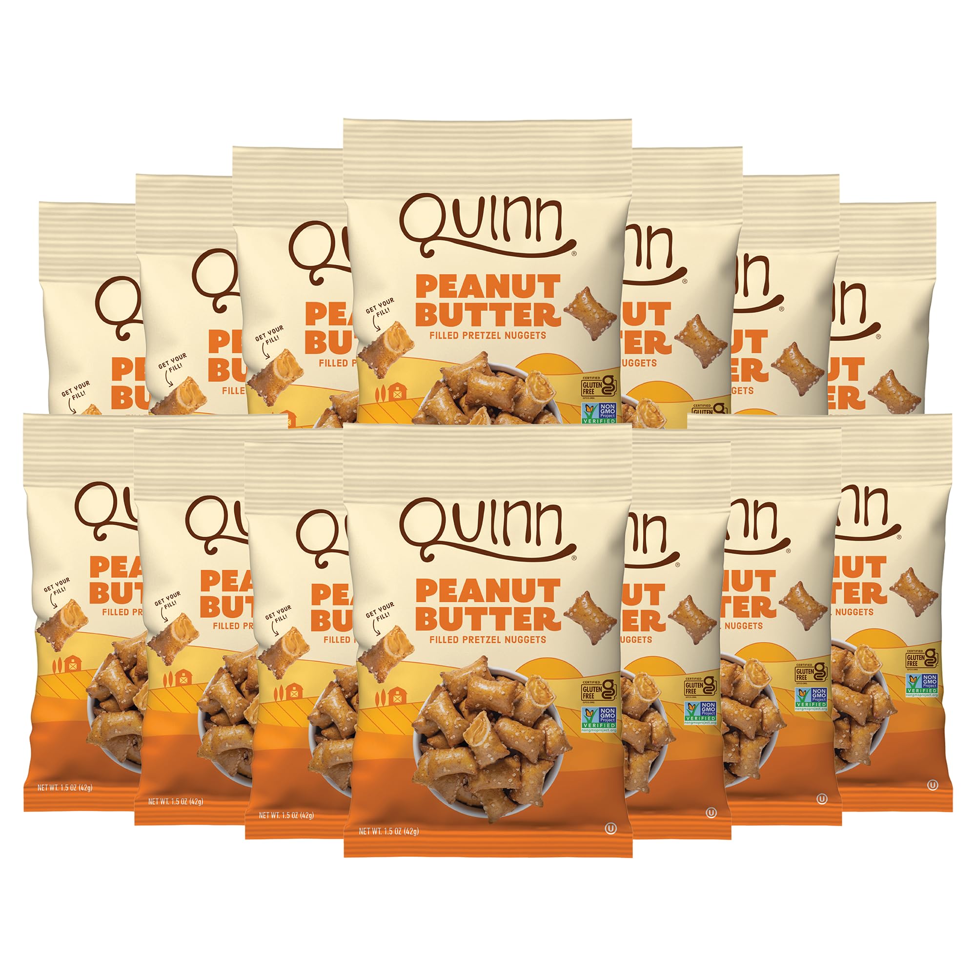 Quinn Creamy Peanut Butter Filled Pretzel Nuggets pack shot for on-the-go snacking