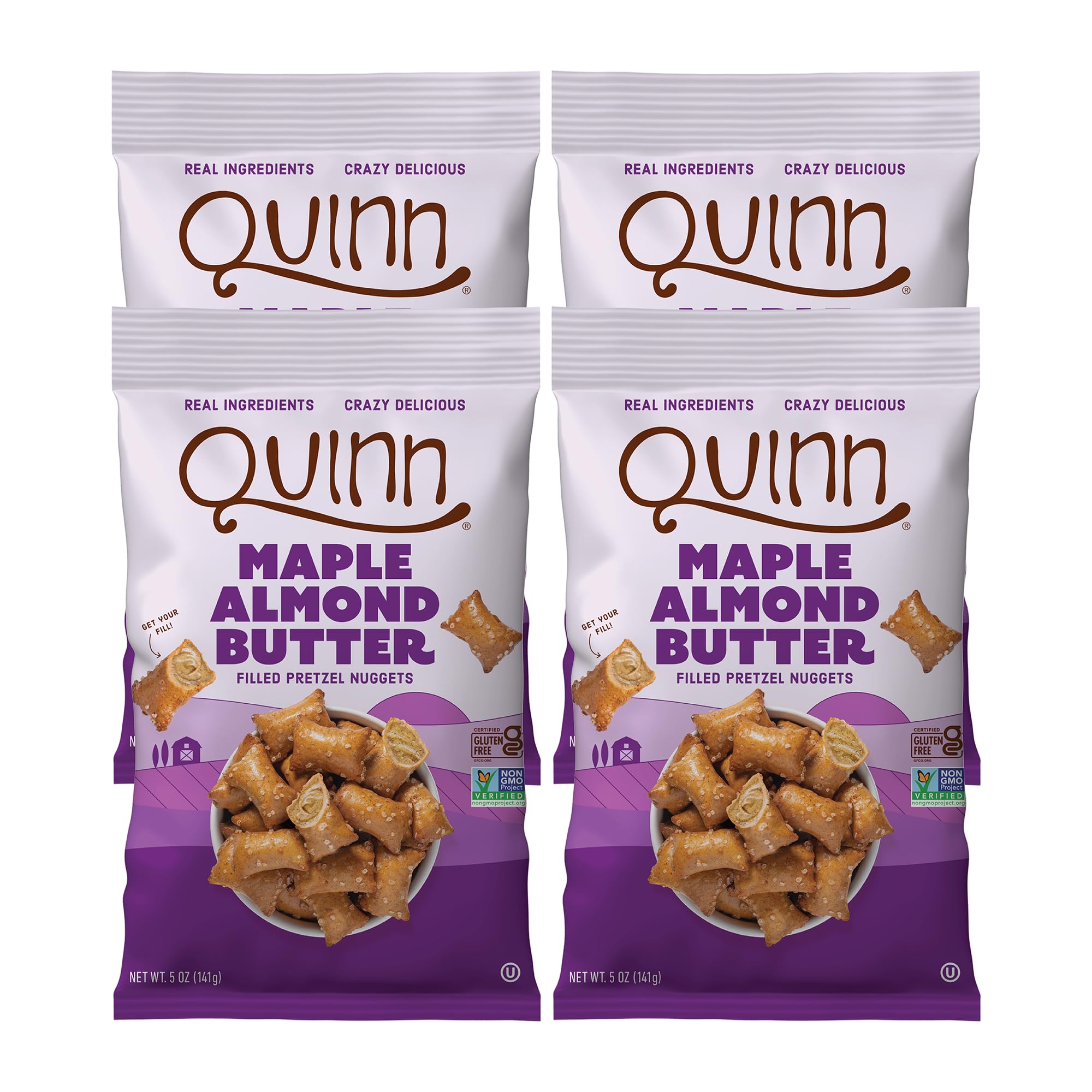 Quinn maple almond butter filled pretzel nuggets pack shot showing gluten-free snack option