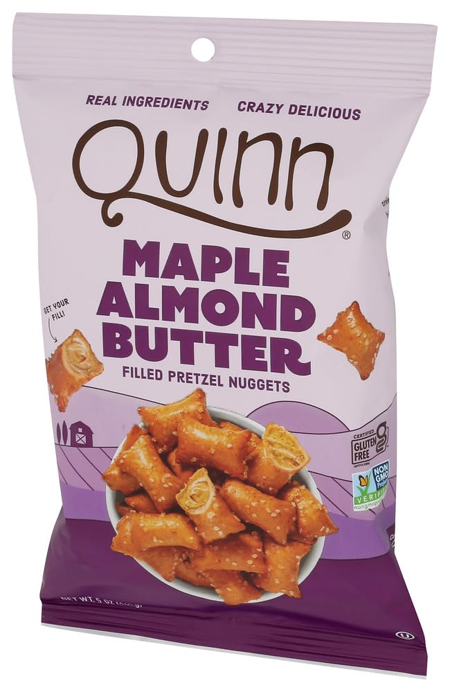 Quinn Nugget Maple Almond Butter Filled Pretzel Nuggets, close-up of crunchy exterior and maple aroma.