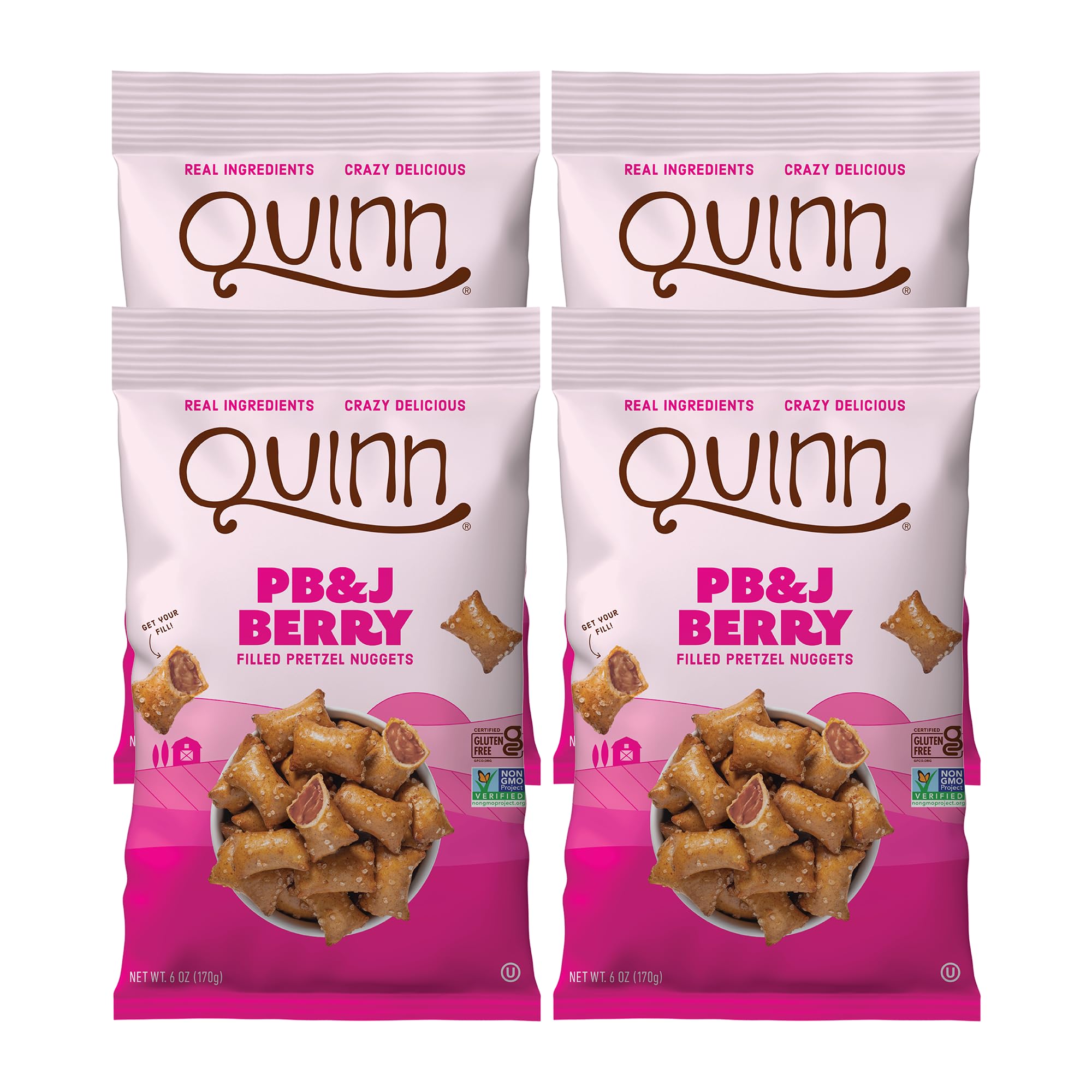 Quinn PB&J Berry Filled Pretzel Nuggets close-up showing crunchy shell and berry center for snack time.