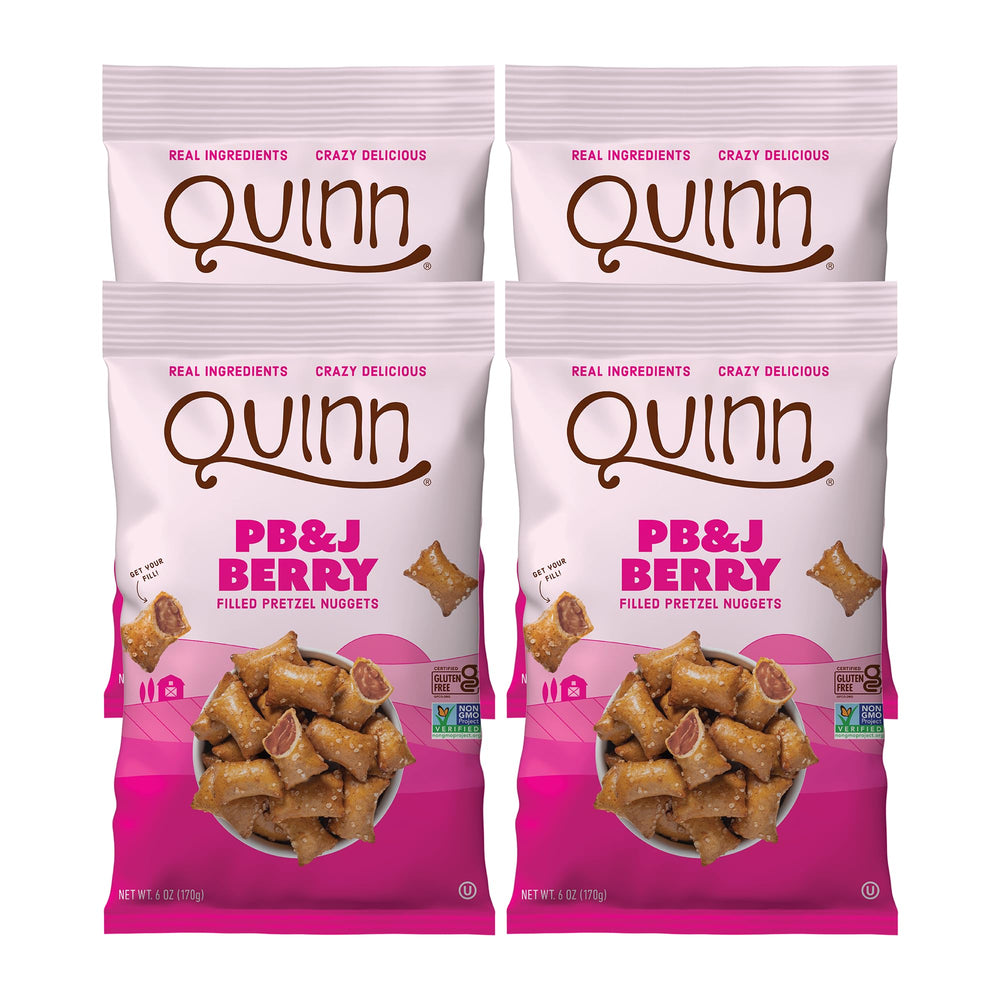 Quinn PB&J Berry Filled Pretzel Nuggets close-up showing crunchy shell and berry center for snack time.