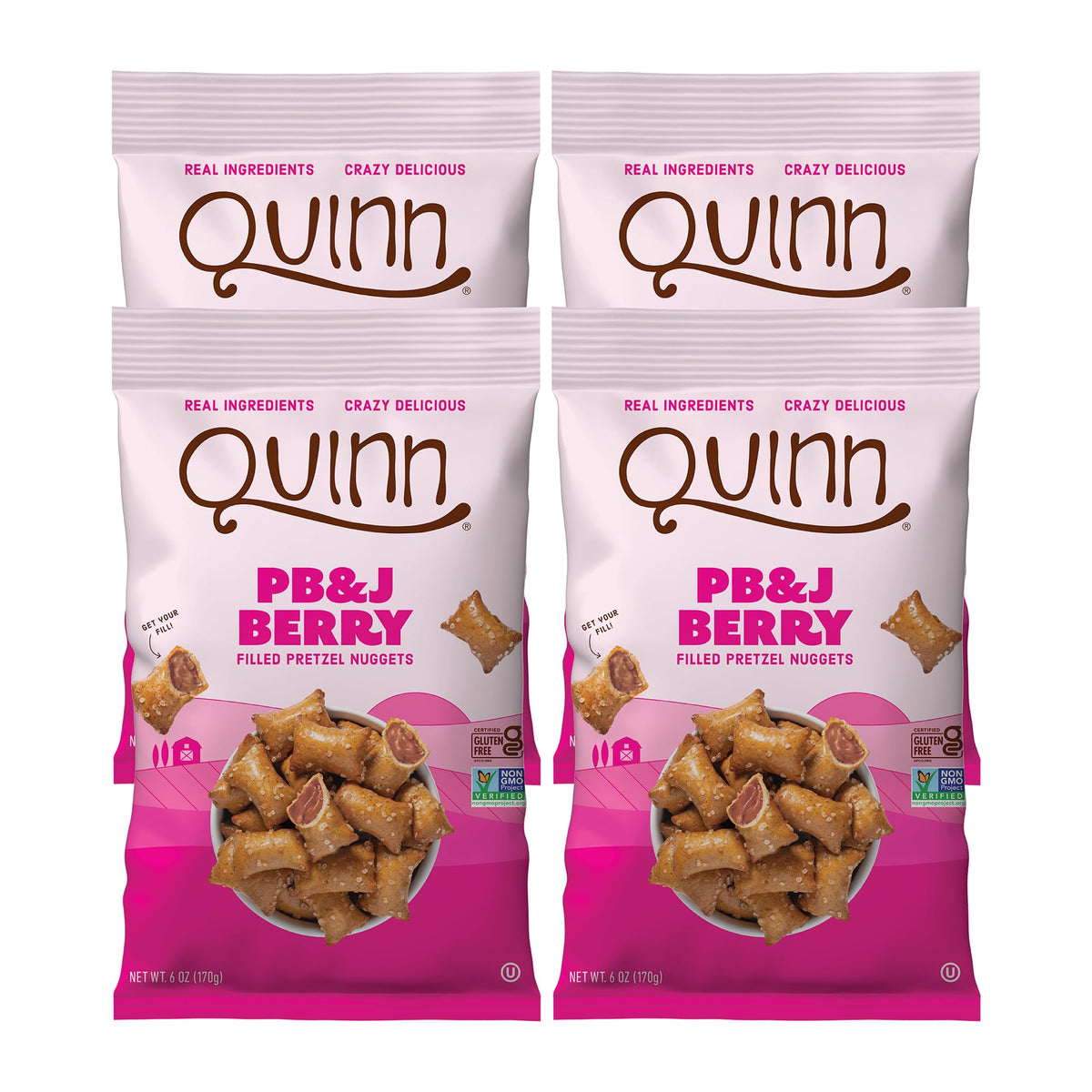 Quinn PB&J Berry Filled Pretzel Nuggets close-up showing crunchy shell and berry center for snack time.