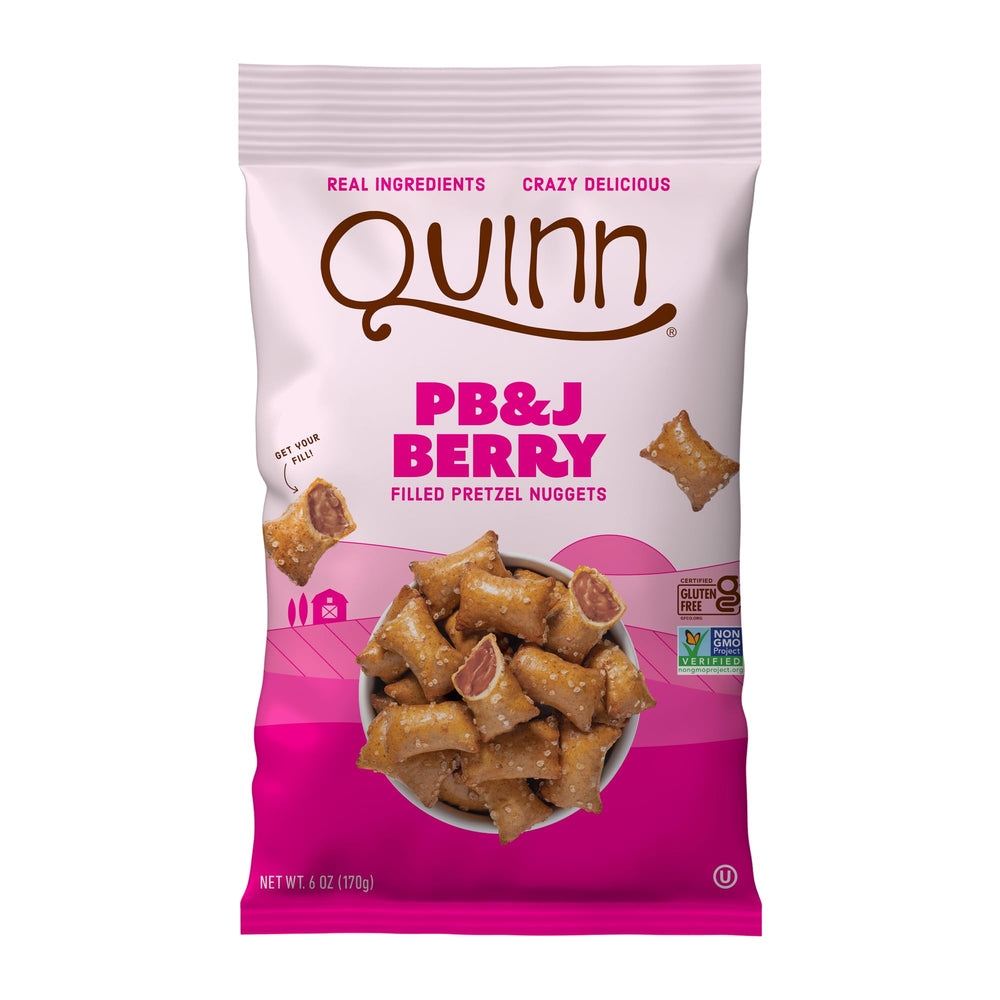Quinn Berry Filled Pretzel Nuggets offer salty-sweet crunch and real fruit flavors.