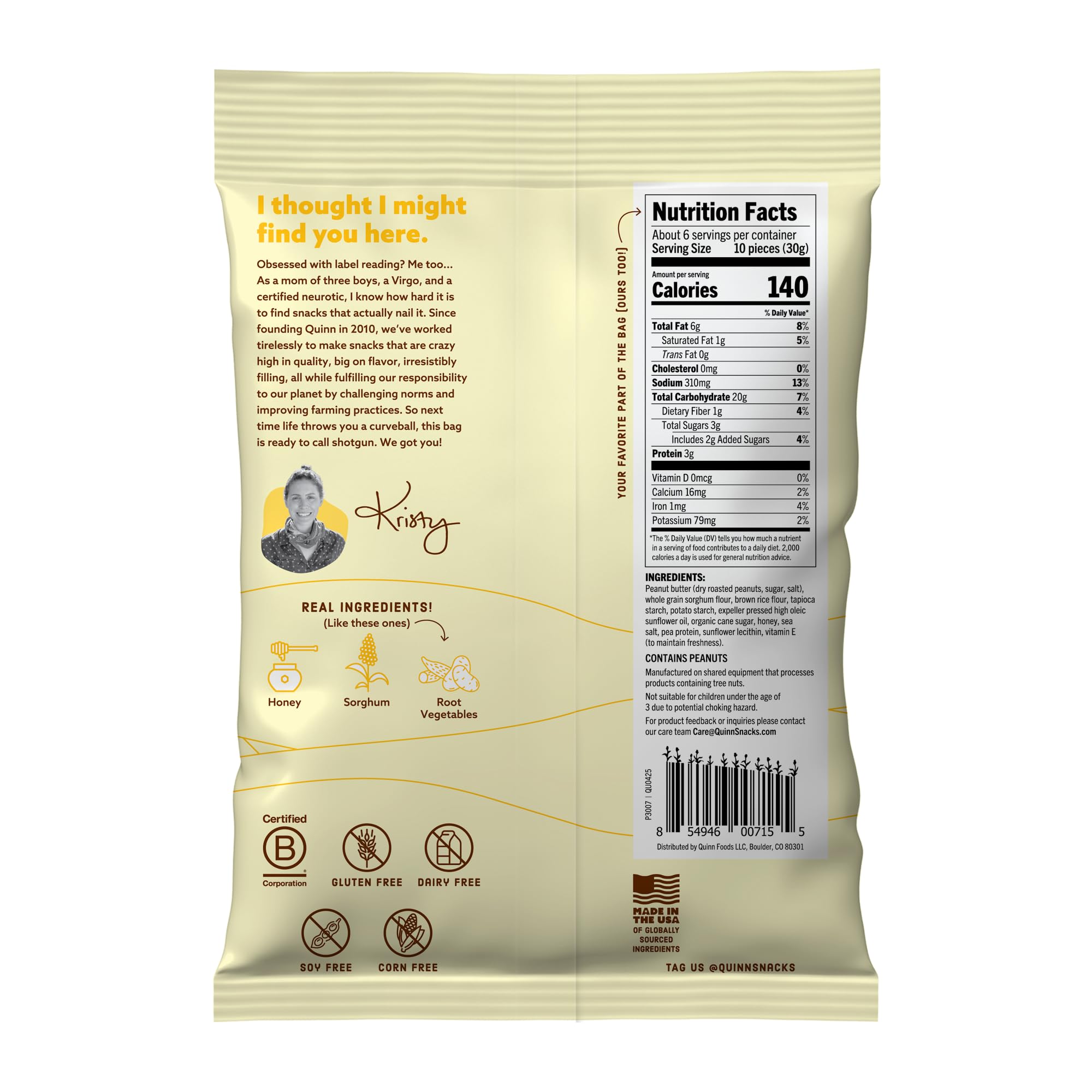 Quinn Snacks ingredients root vegetables sorghum showcase real ingredients and color.