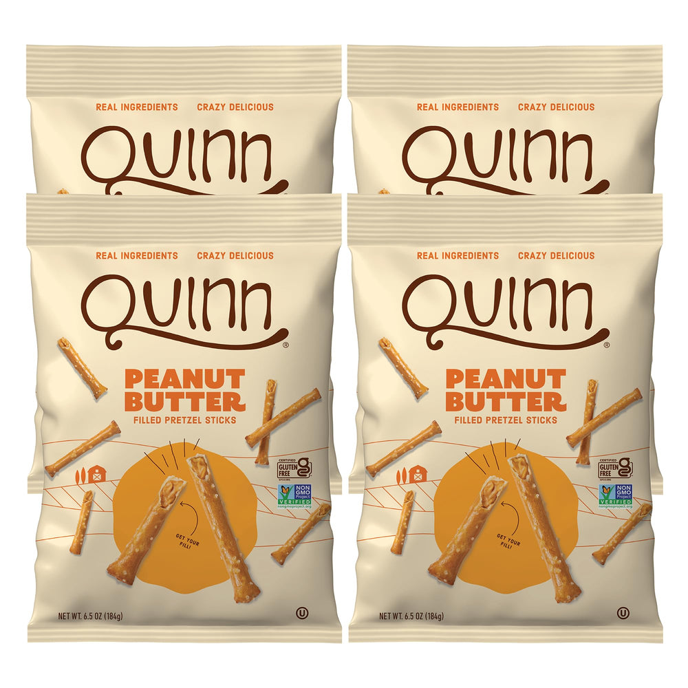 Quinn Peanut Butter Filled Pretzel Sticks with crisp exterior, creamy center, a satisfying on-the-go snack