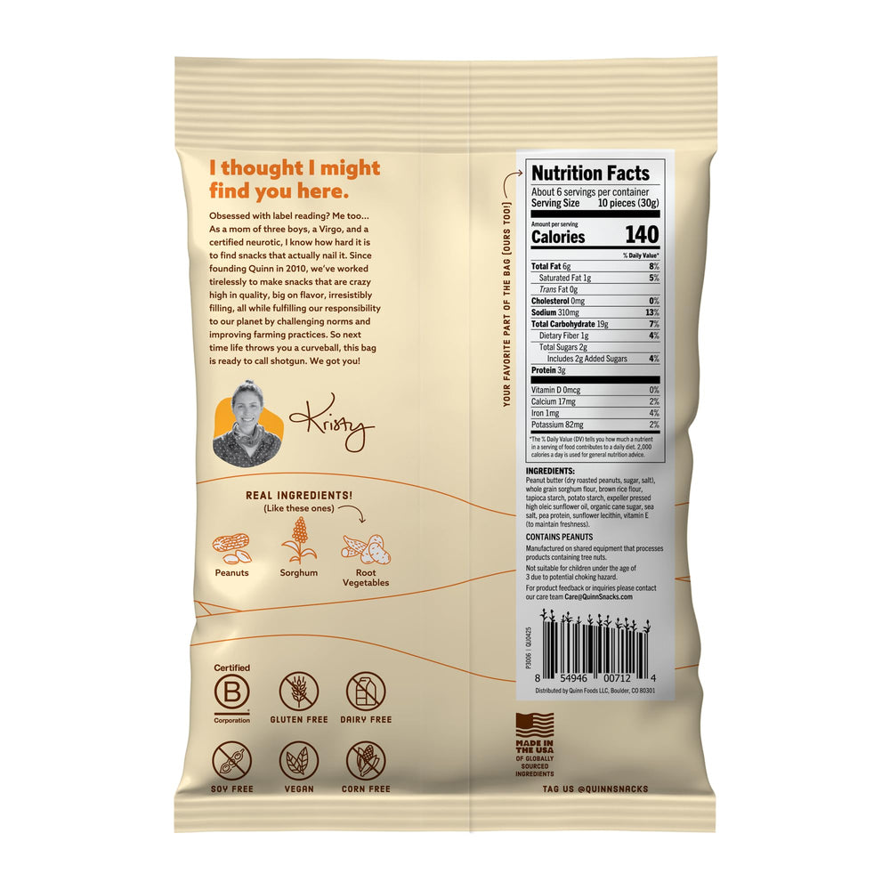 Quinn Peanut Butter Filled Pretzel Sticks four-pack display highlighting gluten-free and dairy-free option