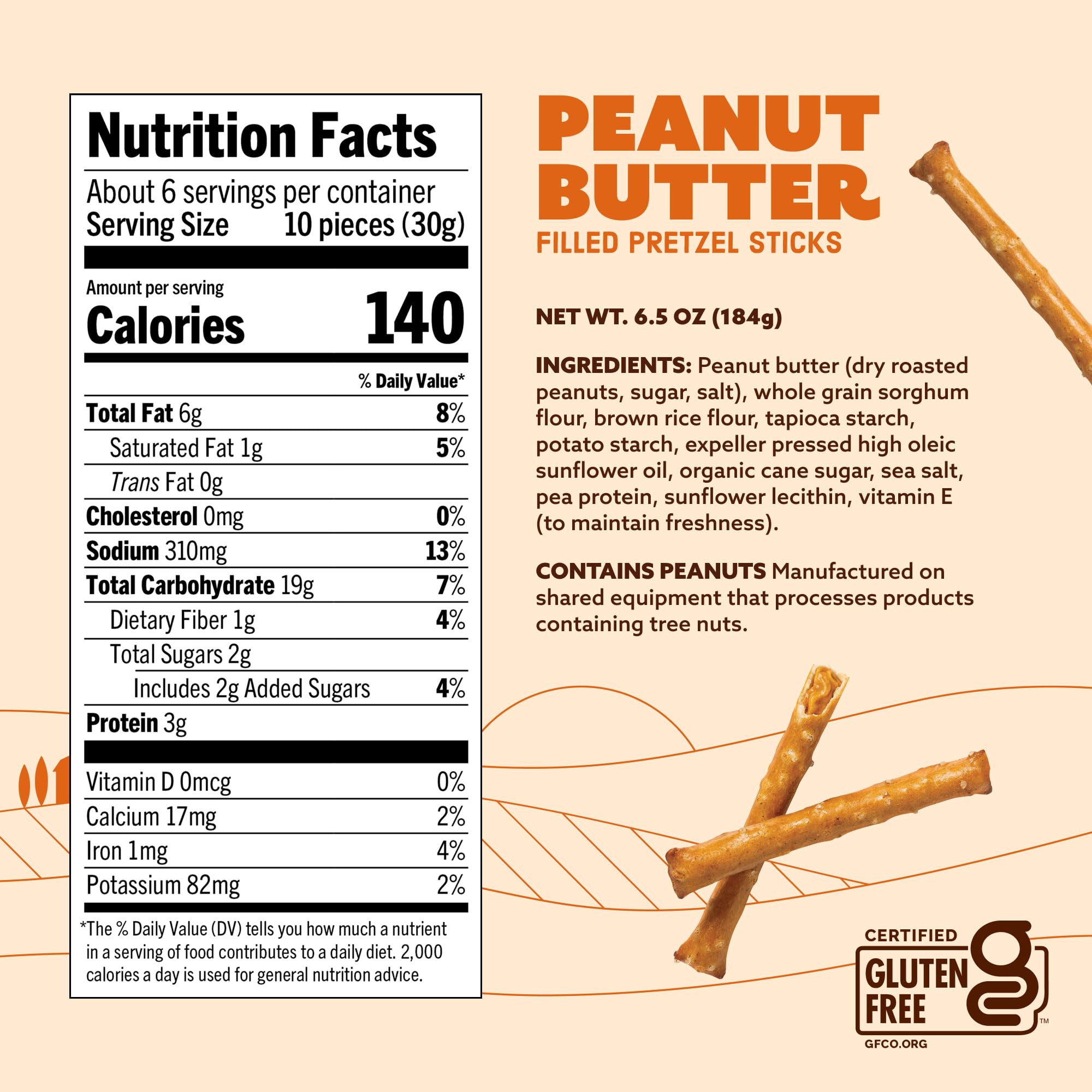Quinn Peanut Butter Filled Pretzel Sticks ingredients close-up showing peanuts sorghum and root vegetables