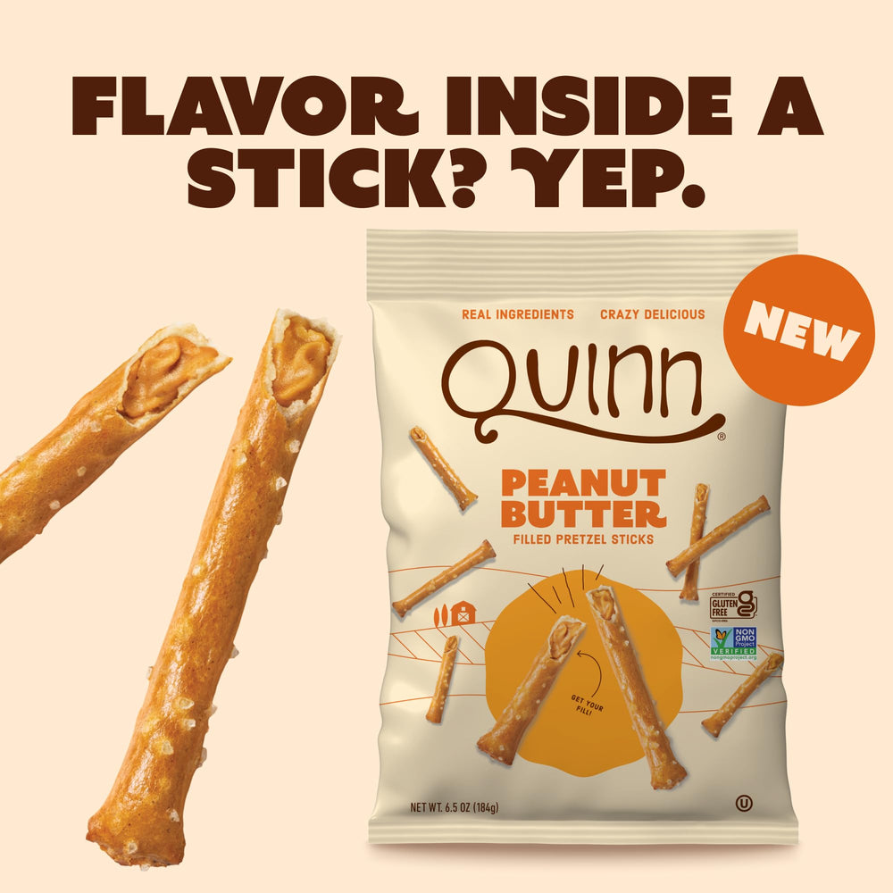 Quinn Peanut Butter Filled Pretzel Sticks vegan and dairy-free claim highlighted on pack