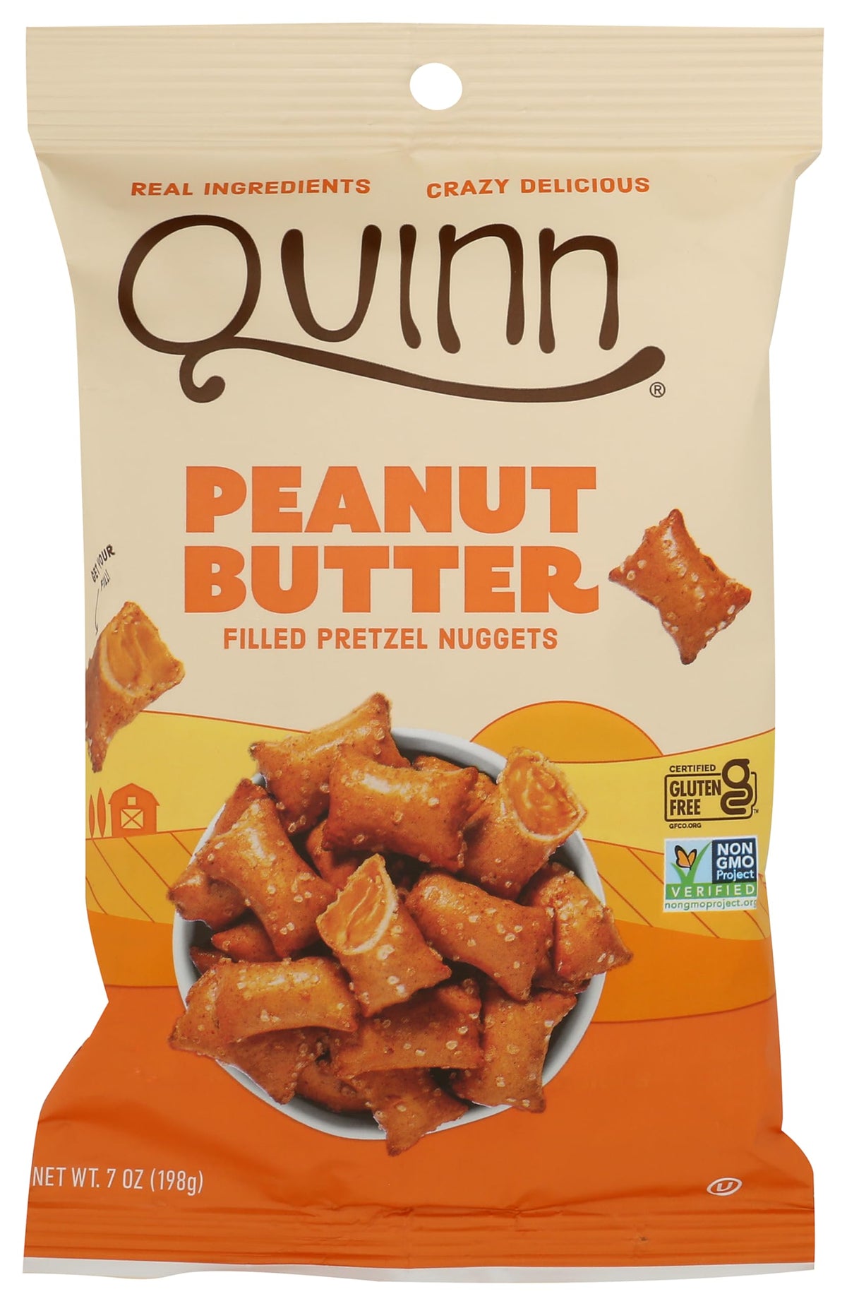 Quinn Snacks Peanut Butter Filled Pretzels packaging view for on-the-go snacking.