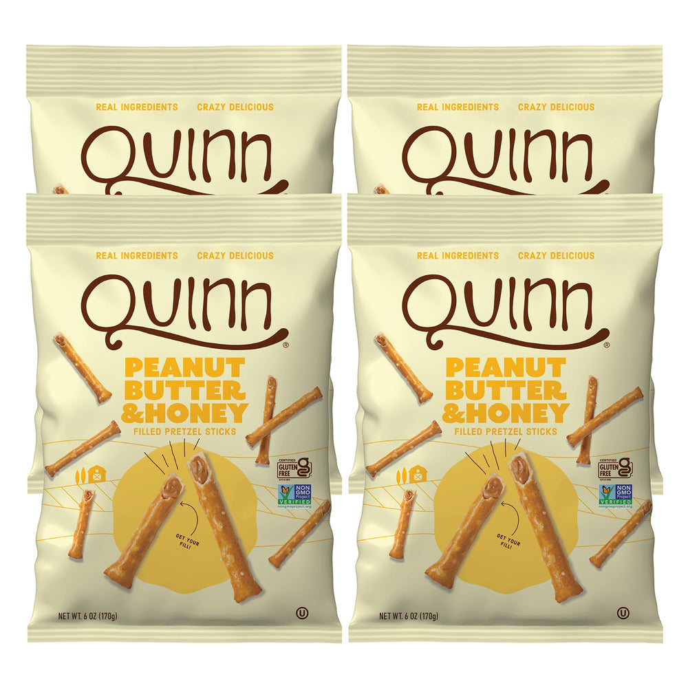 Quinn Snacks peanut butter honey pretzel stick with crisp exterior.