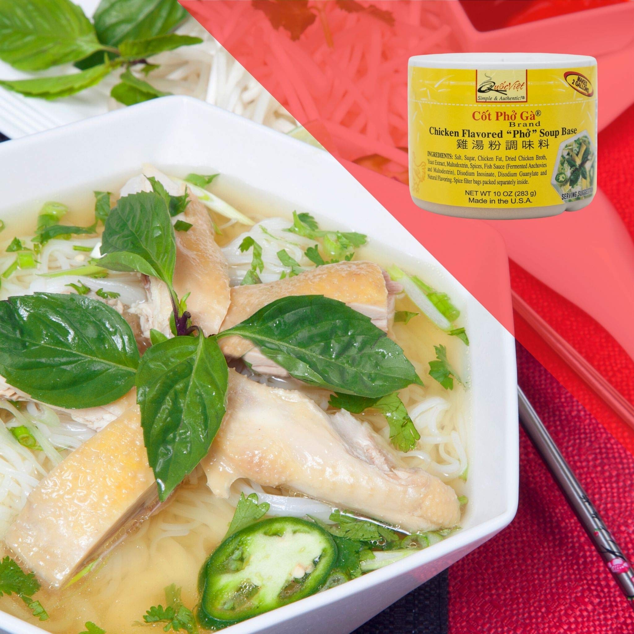 Quoc Viet Foods chicken pho base label shows ingredients for easy cooking.