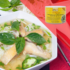 Quoc Viet Foods chicken pho base label shows ingredients for easy cooking.