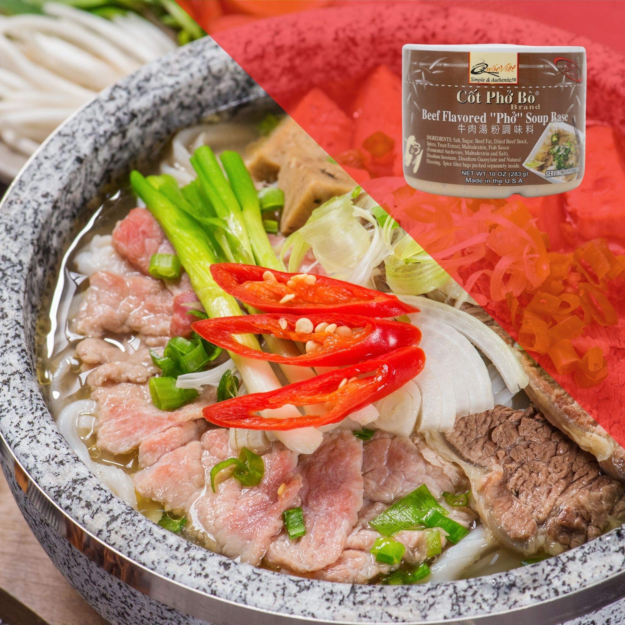 Quoc Viet Foods pho bo ready-to-serve bowl with steaming beef pho.