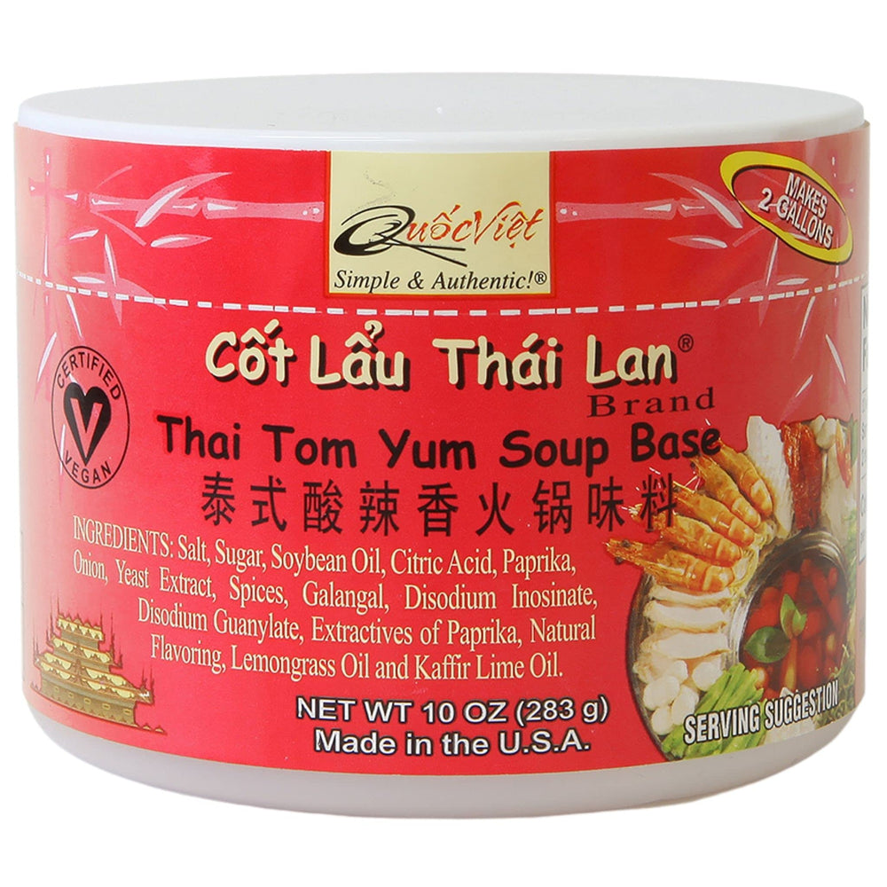 Quoc Viet Foods Thai Tom Yum soup base bottle display for quick, authentic dinners.