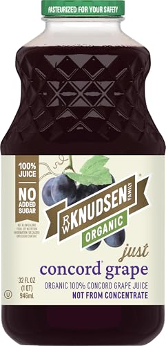 R.W. Knudsen Organic Just Concord Grape Juice label emphasizes USDA Organic and Non-GMO verification.