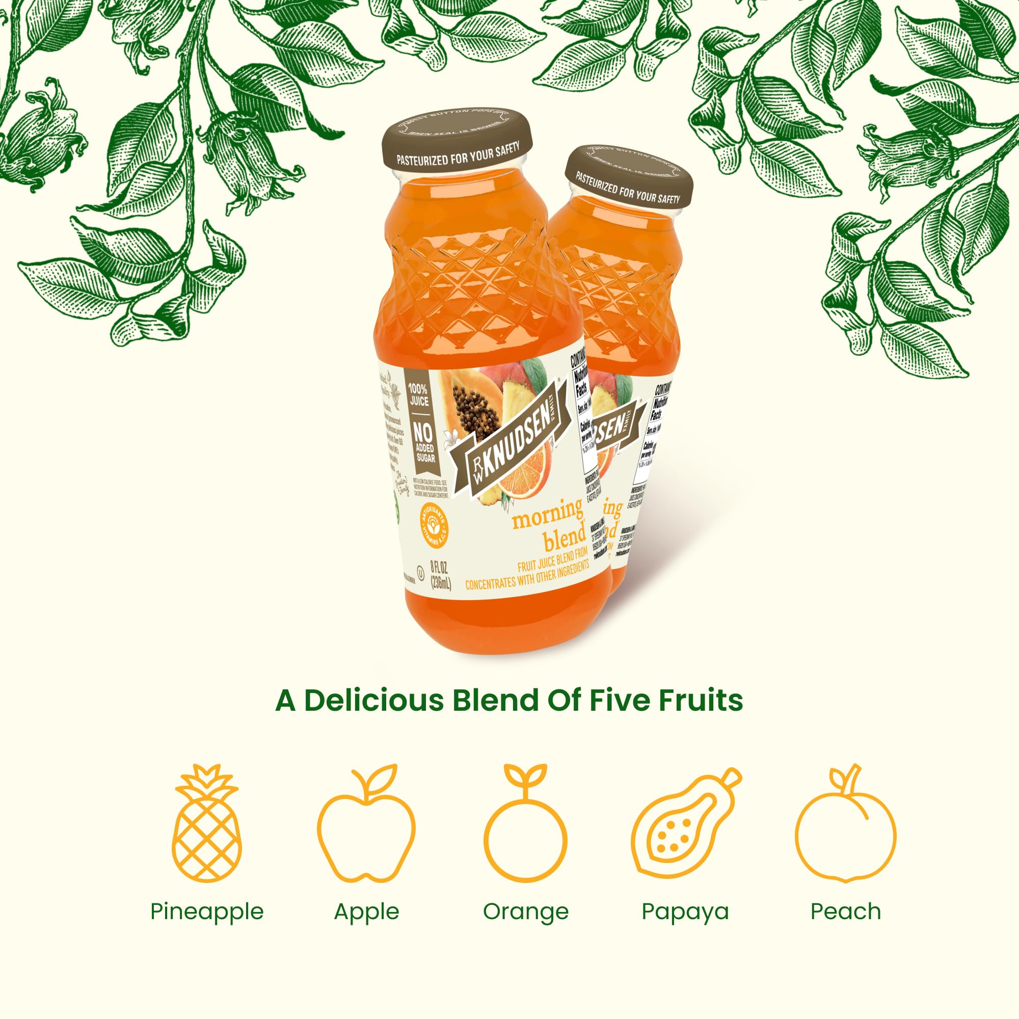 Six-pack of R.W. Knudsen Morning Blend bottles for family breakfasts