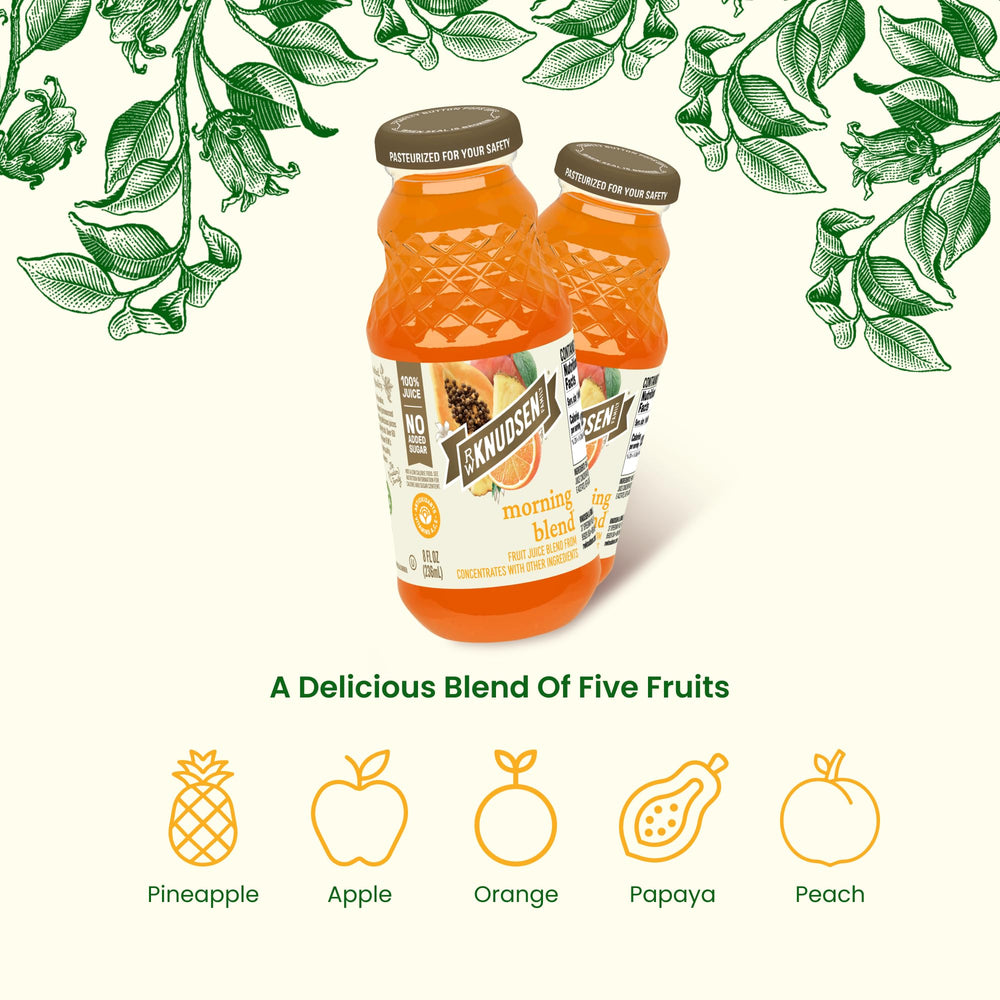 Six-pack of R.W. Knudsen Morning Blend bottles for family breakfasts