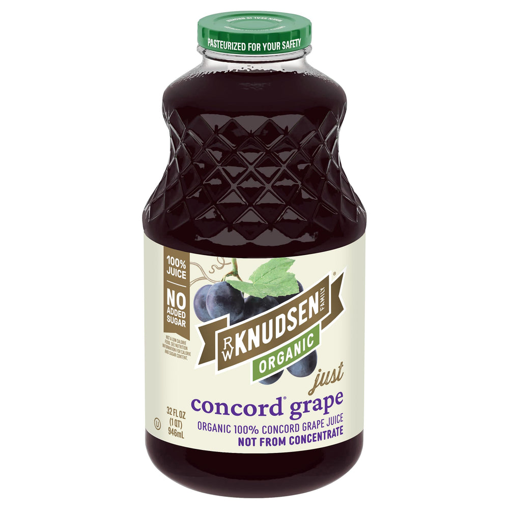 R.W. Knudsen Organic Just Concord Grape Juice bottle highlights pure 100% juice for everyday sipping.
