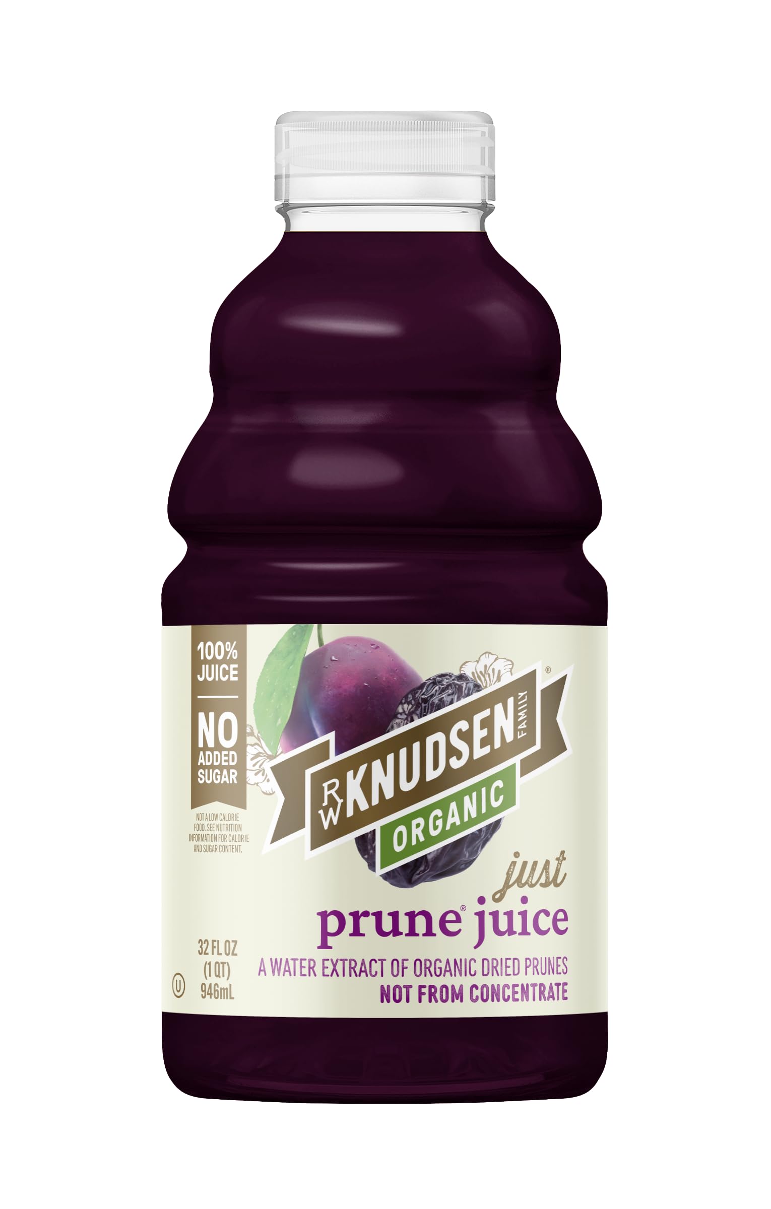 R.W. Knudsen Organic Just Prune Juice bottle shows 100% juice with no added sugar