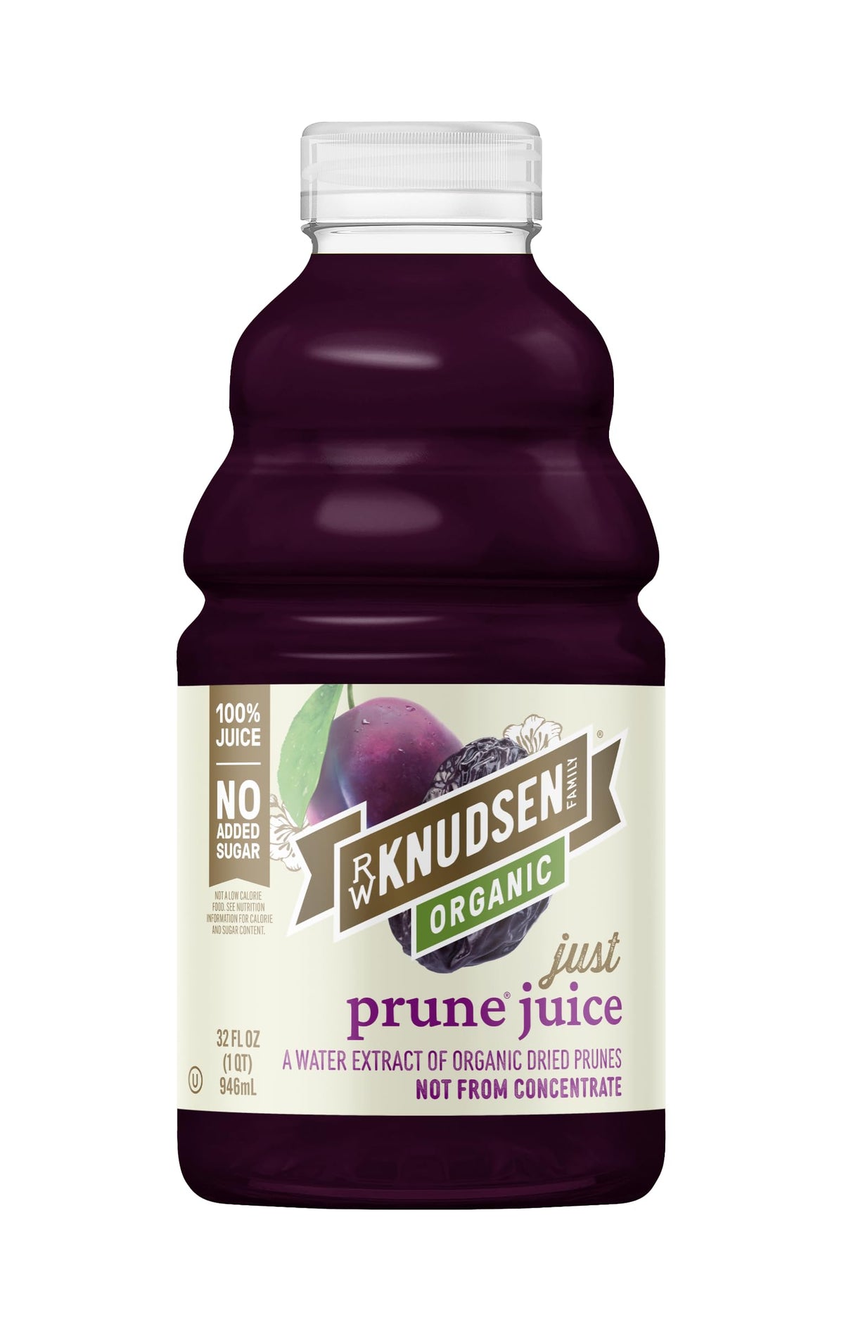 R.W. Knudsen Organic Just Prune Juice bottle shows 100% juice with no added sugar