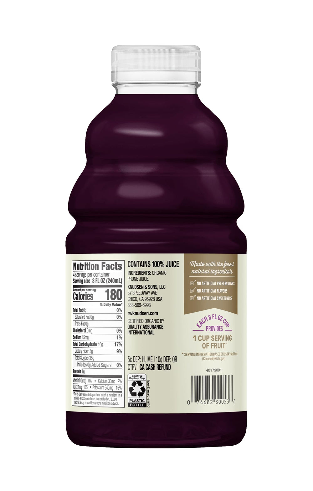 R.W. Knudsen Organic Just Prune Juice being poured into a glass for wholesome hydration