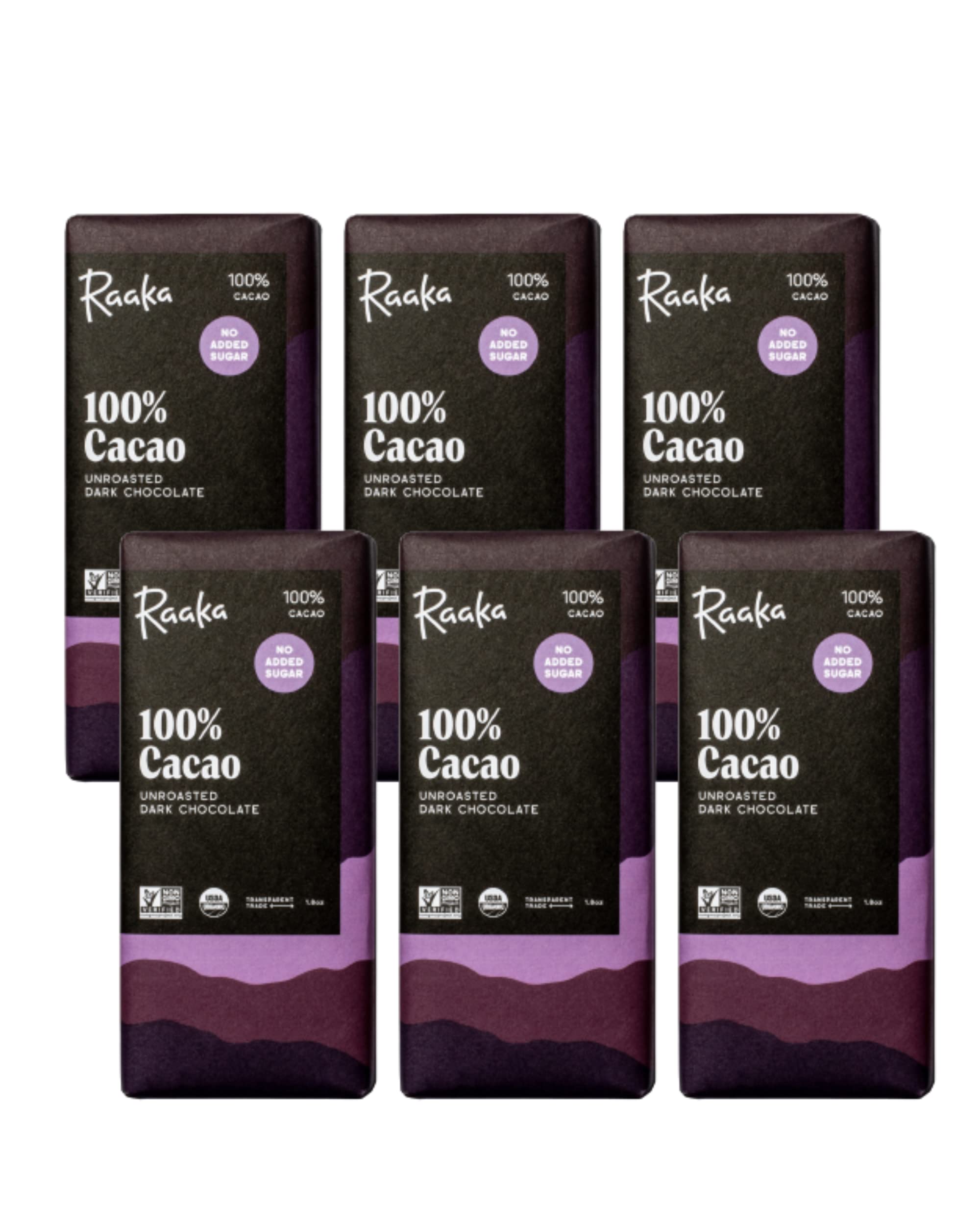 Raaka 100% dark chocolate bar pack showing pure cacao flavor for tasting.