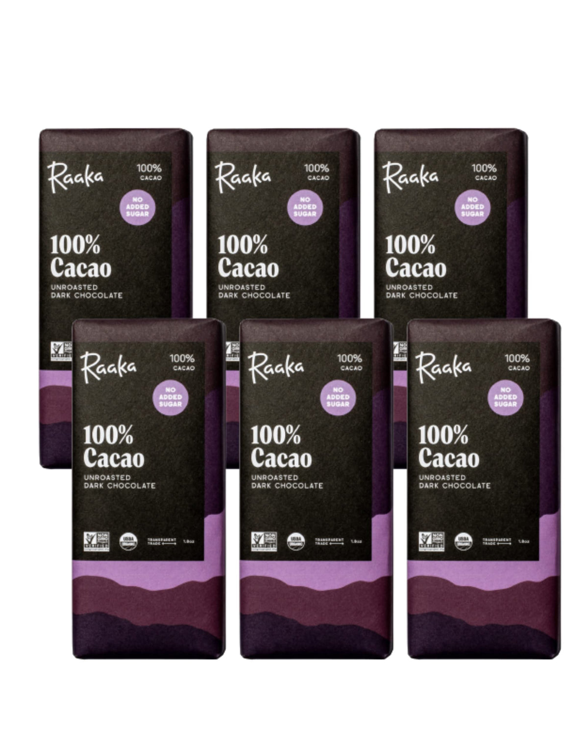 Raaka 100% dark chocolate bar pack showing pure cacao flavor for tasting.
