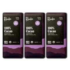 Raaka 100% chocolate bars unsweetened showcase pure cacao flavor for keto and vegan diets.