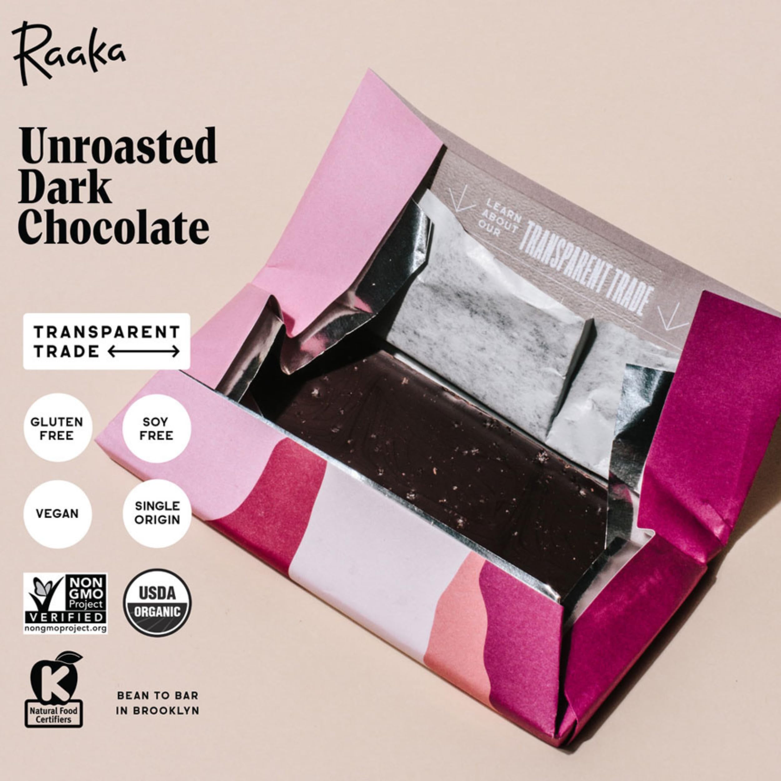Raaka 71% Pink Sea Salt bar with crystals for a bright, salty-sweet profile.