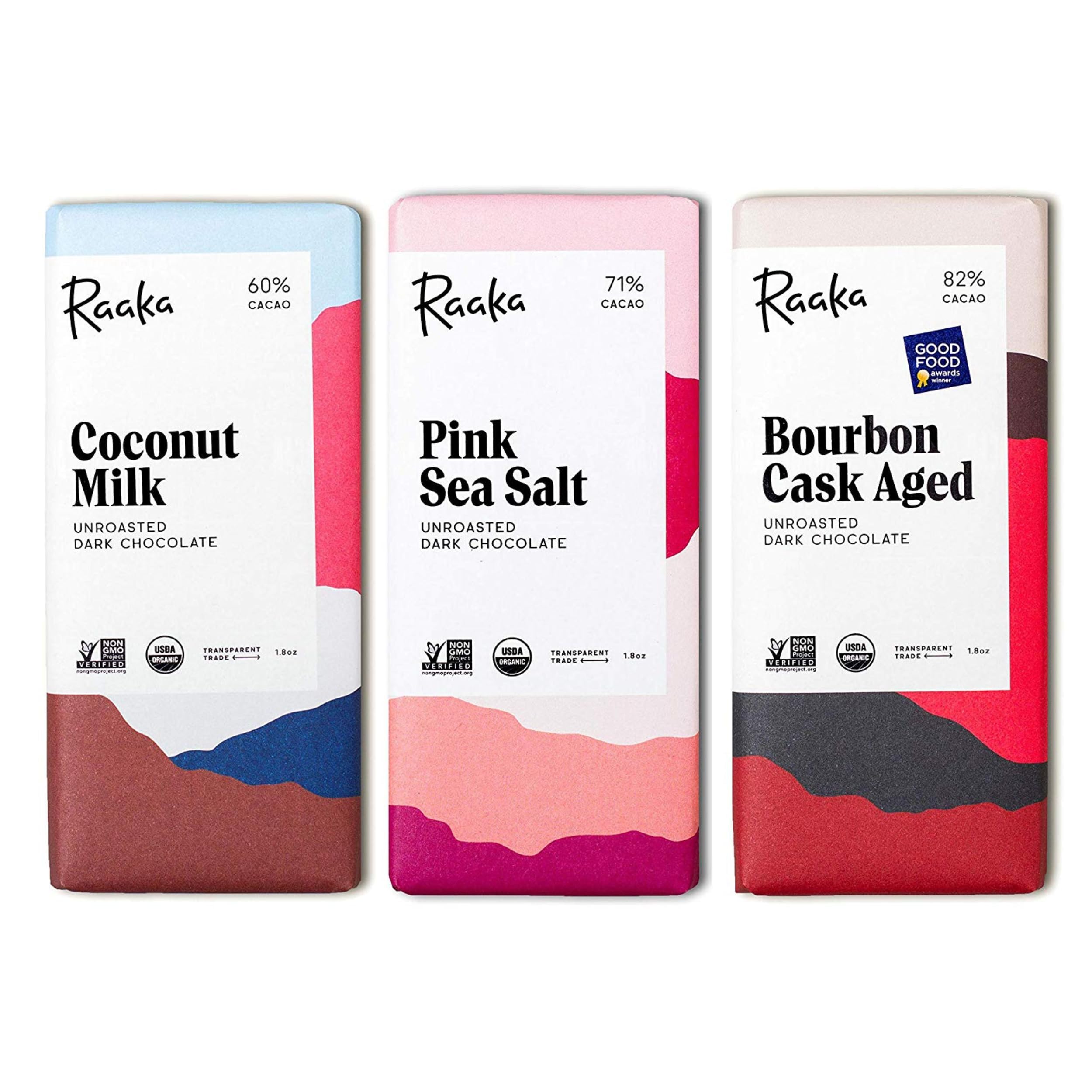 Raaka Best Sellers Trio box showcasing three bars, a perfect gift for chocolate lovers.