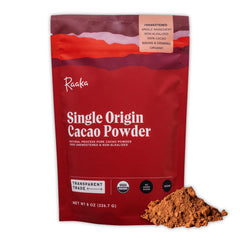 Raaka Cacao Powder Unsweetened in an 8oz bag, ideal for pure baking