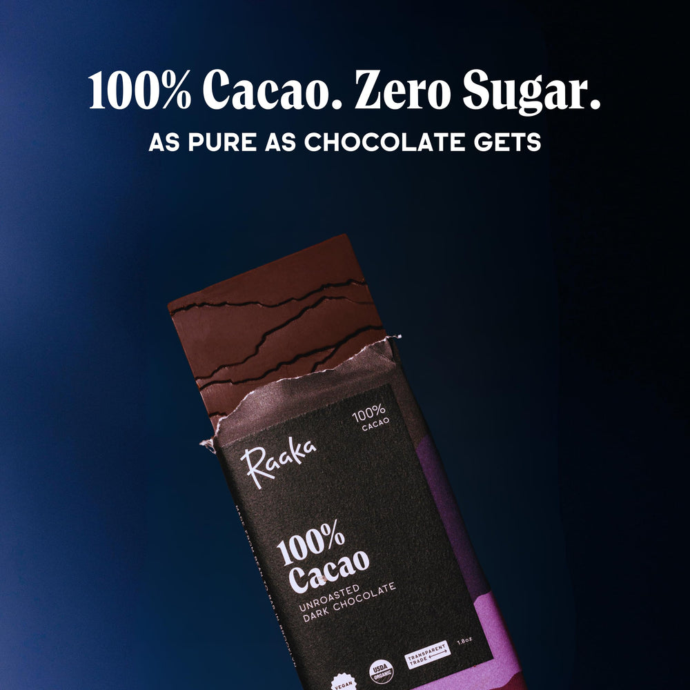 Raaka cocoa butter and beans image illustrating two-ingredient purity you can taste.