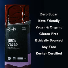 Two ingredients image highlights cocoa beans and cocoa butter, emphasizing organic purity.