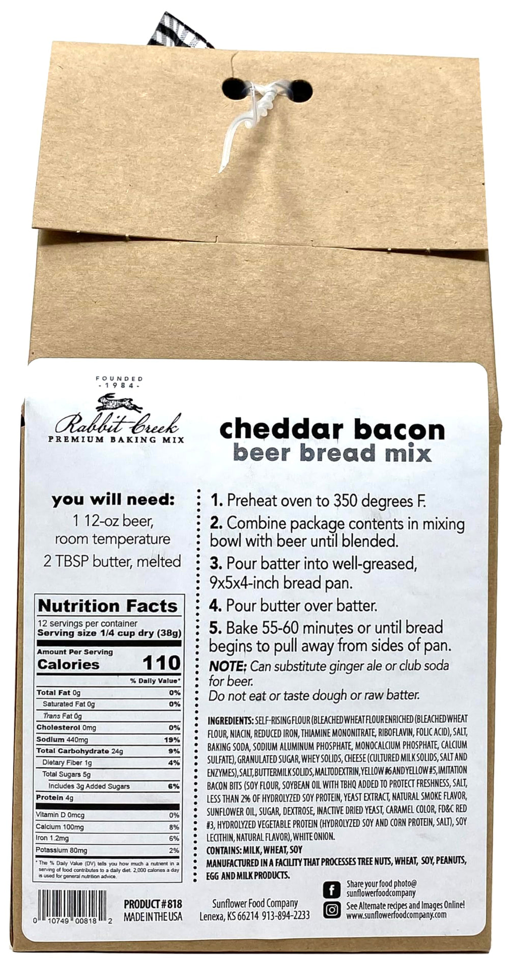 Rabbit Creek cheddar bacon beer bread mix front view ideal for hearty sandwiches
