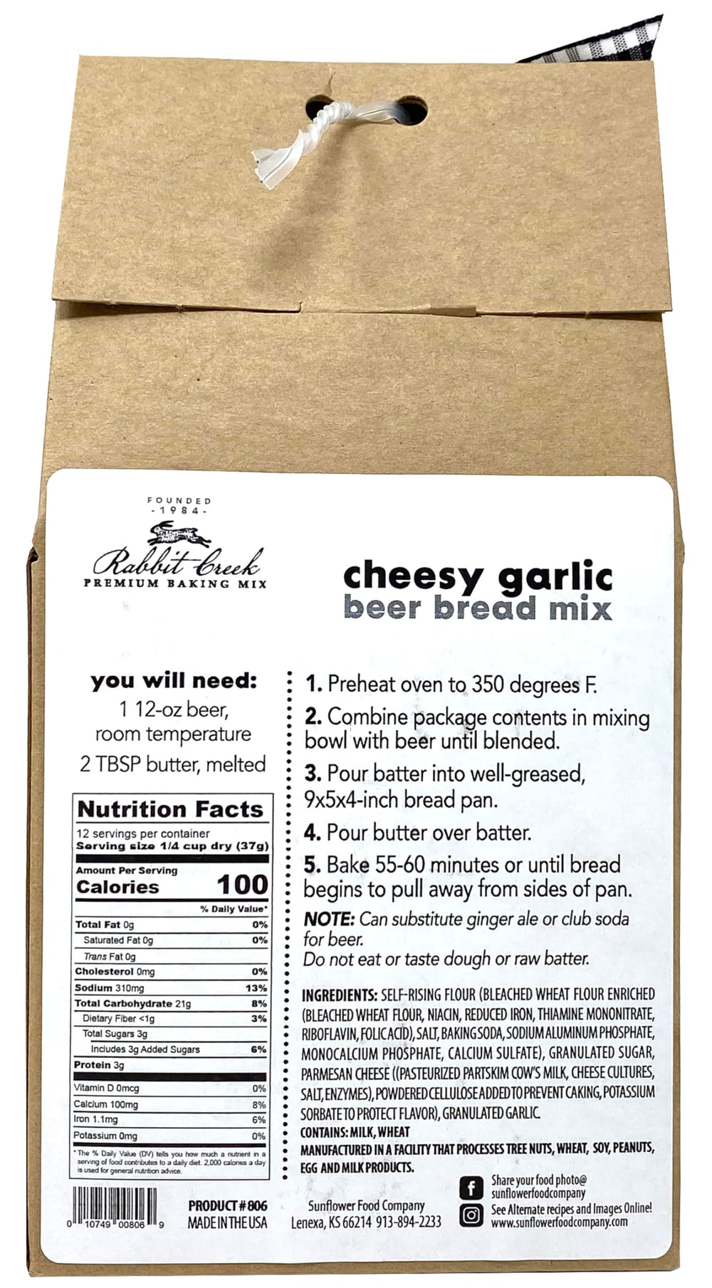 Rabbit Creek cheesy garlic beer bread mix front view with garlicky aroma