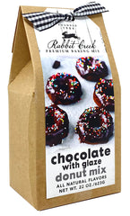 Rabbit Creek Chocolate Donut Glaze front shows bakery-style donuts you can bake at home.