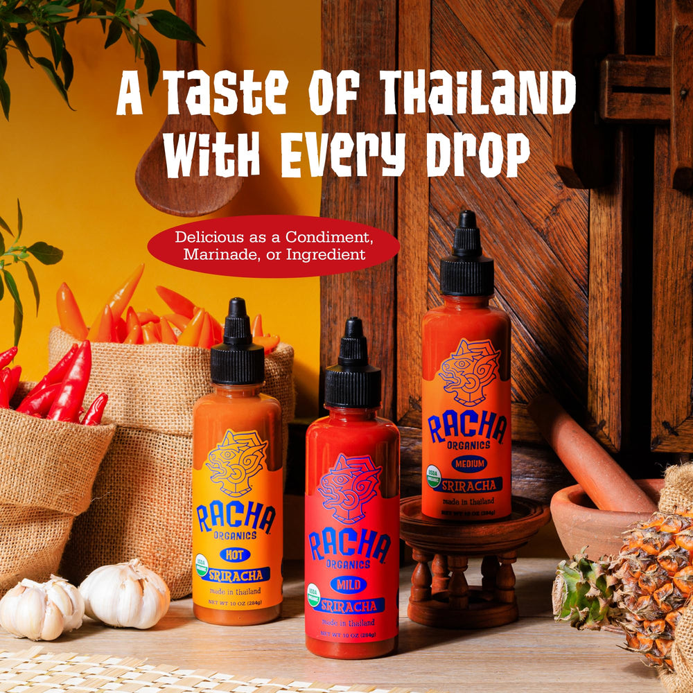 Racha Organics Mild Sriracha peppers from the farm highlight organic farming.