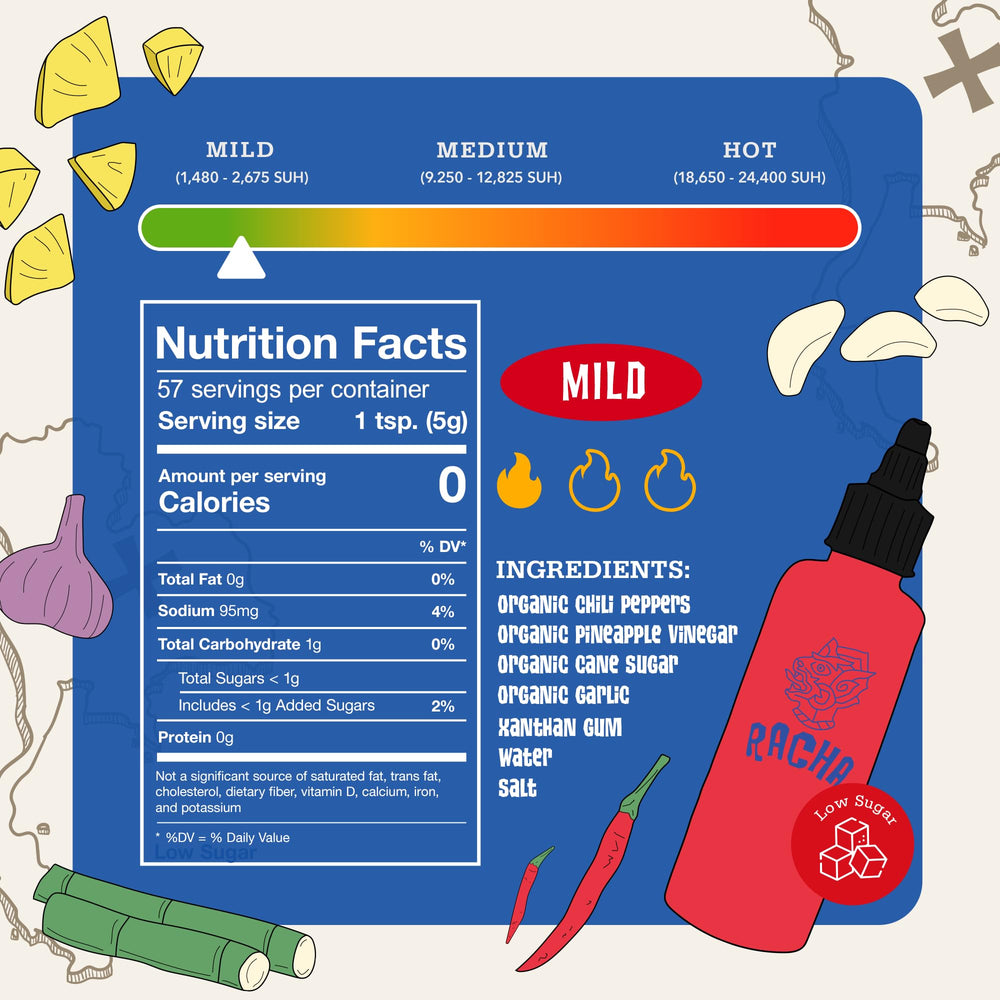 Racha Organics Mild Sriracha is being poured, adding subtle heat to dishes.