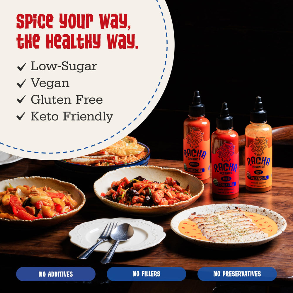 Thai chili peppers and pineapple vinegar in Racha Organics Orange Racha hot sauce highlight depth.