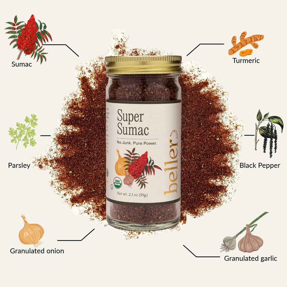 Close-up of Rachel Beller's Power Pantry Super Sumac label, showcasing organic, clean ingredients.
